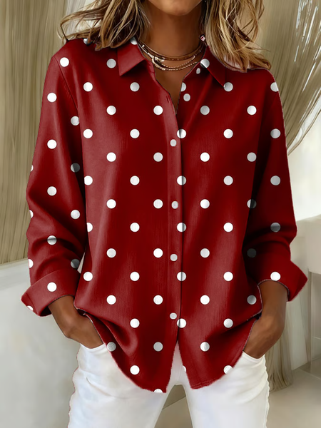 

Women Polka Dots Long Sleeve Shirt Spring/Fall Buckle Shirt Collar Regular Sleeve Daily Casual Top, Red, Shirts