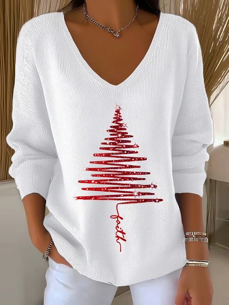 

Women Christmas Long Sleeve Tee T-shirt V Neck Printing Casual Spring/Fall Top, White, T-Shirts