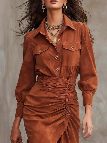 

Suede Urban Plain Shirt Collar Faux Leather Top, As picture, Tops