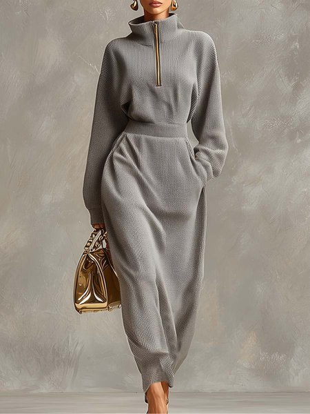 

Casual Plain Turtleneck Maxi Dress, Gray, Midi Dresses
