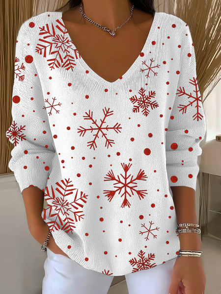 

Casual Christmas V Neck Long Sleeve T-shirt, White, Sweaters