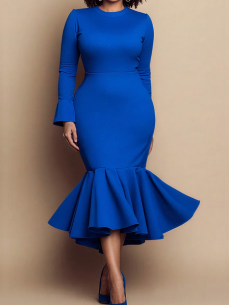 

Elegant Plain Crew Neck Midi Dress, Blue, Midi Dresses