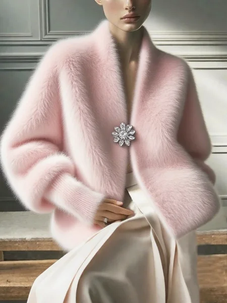 Urban Faux Mink V-Neck Sweater Cardigan with Brooch