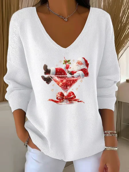 

Women Santa Claus Long Sleeve Tee T-shirt V Neck Printing Casual Spring/Fall Top, White, T-Shirts
