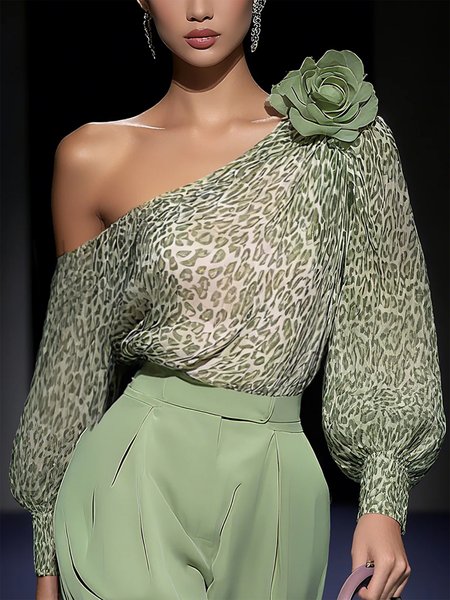 

Elegant Leopard Asymmetrical Blouse With 3D Floral, Green, Blouses and Shirts