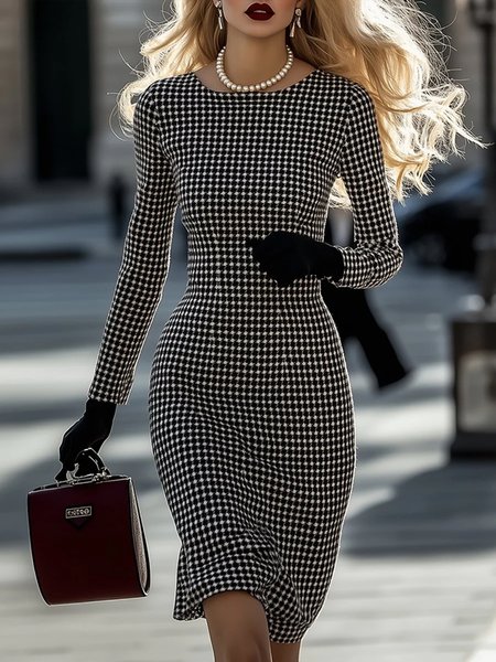 

Urban Houndstooth Printing Crew Neck Knee Length Dress, Black-white, Midi Dresses