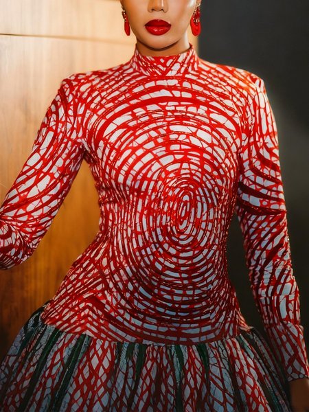 

Elegant Random Print Printing Stand Collar T-shirt, Red, Tees