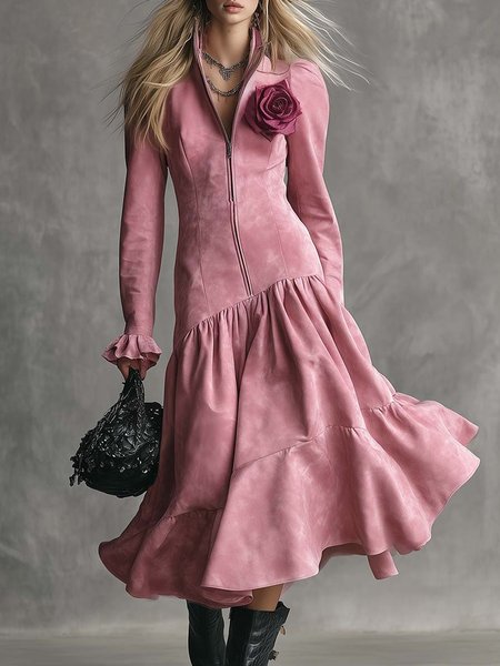 

Urban Plain Zipper 3D Floral Stand Collar Suede Midi Dress, Pink, Midi Dresses