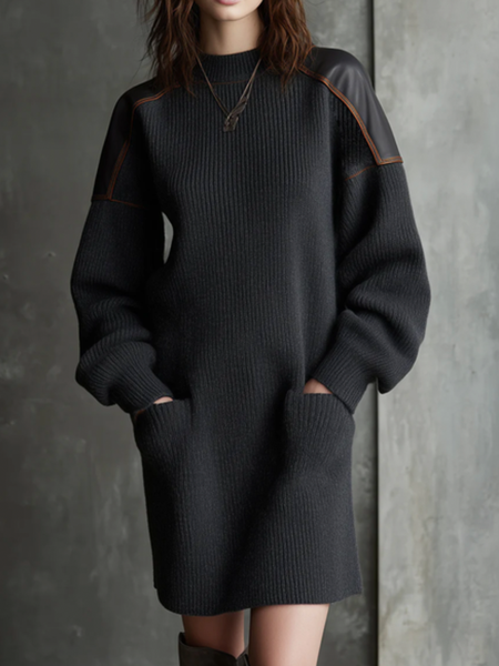 

Casual Color Block Stand Collar Mini Sweater Dress, Deep gray, Mini Dresses