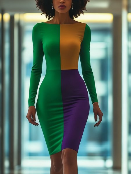 

Elegant Color Block Split Joint Boat Neck Knee Length Dress, Green, Midi Dresses