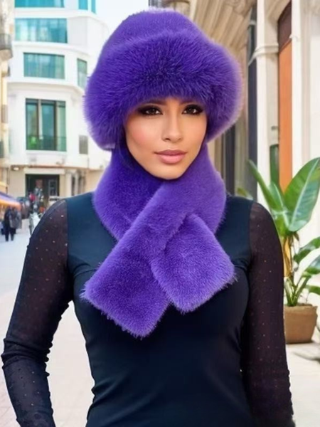 

Winter Mongolian Hat, Plush Hat And Scarf For Women Thickened Warm Stylish Ear-covering Hat Faux Mink Fur 2-piece Set, Purple, Women Hats