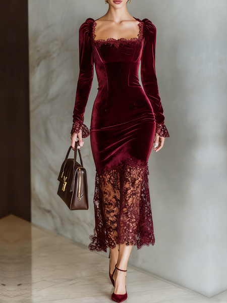 

Elegant Plain Square Neck Maxi Dress, Wine red, Midi Dresses