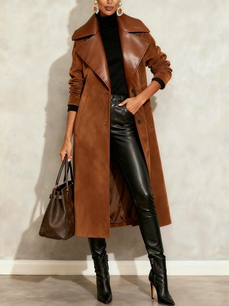 

Urban Suede Split Joint PU Plain Lapel Collar Faux Leather Coat, Brown, Jackets