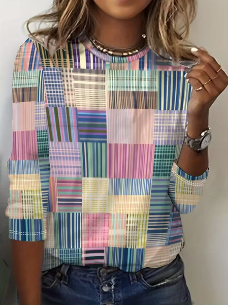 

Casual Abstract Crew Neck Long Sleeve T-shirt, As picture, T-shirts