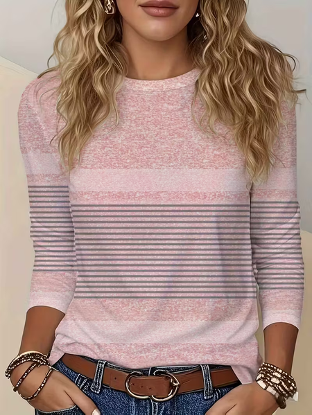 

Casual Striped Crew Neck Long Sleeve T-shirt, Pink, T-shirts