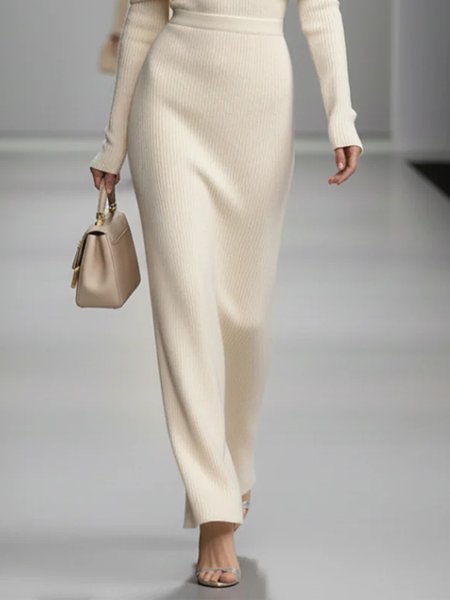 

Elegant Plain Sweater Maxi Skirt, Off white, Skirts