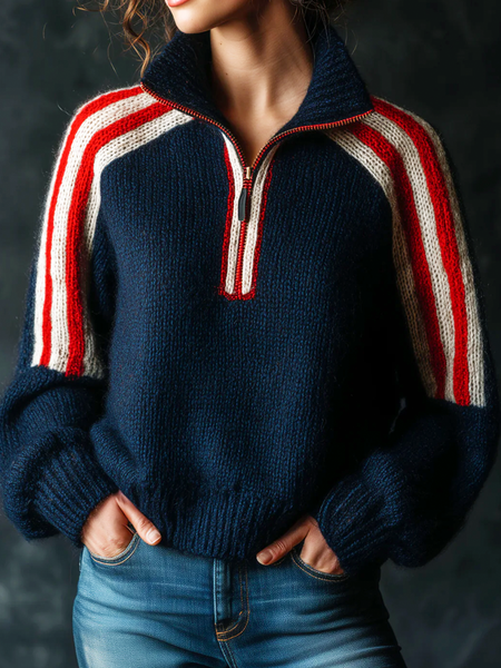 

Casual Color Block Stand Collar Sweater, As picture, Pullovers