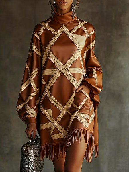 

Casual Abstract Graphic Printing Mock Neck Mini Dress, Brown, Mini Dresses