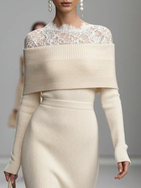 

Elegant Plain Cold Shoulder Sweater No With Lace Top, Off white, Pullovers