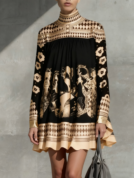 

Urban Geometric Printing Turtleneck Mini Dress, As picture, Mini Dresses