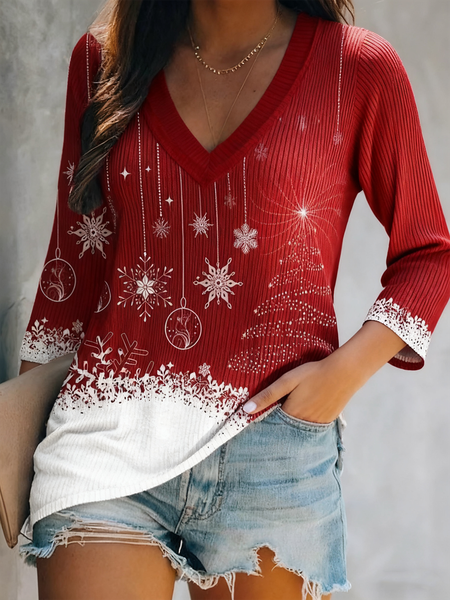 

Loose Simple Christmas V Neck Knit Top, Crimson, T-shirts