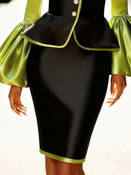 

Elegant Color Block Knee Length Skirt, Black, Skirts