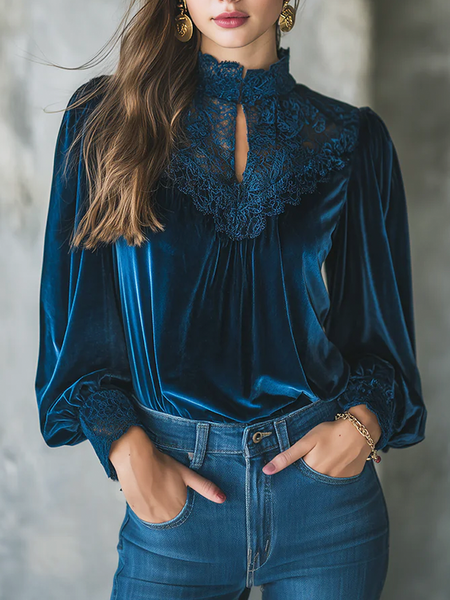 

Velvet Elegant Plain Stand Collar Blouse, As picture, Blouses and Shirts