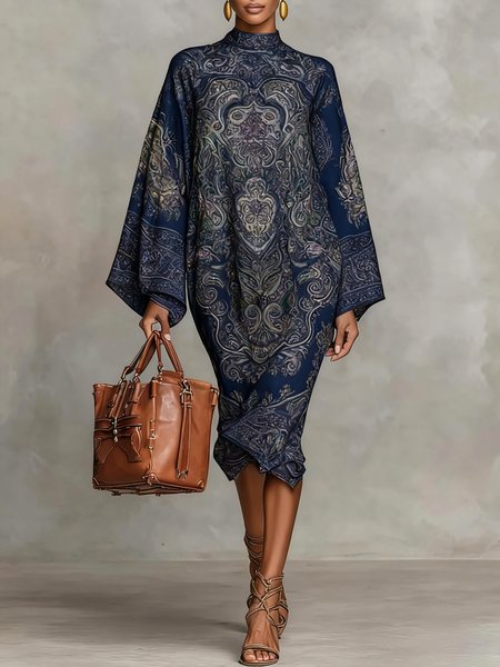 

Elegant Paisley Print Relaxed Midi Dress, Navyblue, Midi Dresses