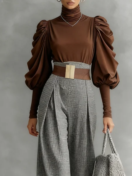 

Elegant Plain Turtleneck Puff Sleeve Blouse, Brown, Blouses and Shirts