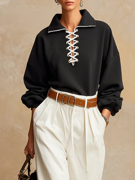 

Casual Color Block Shirt Collar Sweatshirt, Black, Hoodies and Sweatshirts