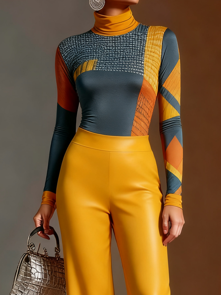 

Urban Geometric Mock Neck T-shirt, As picture, Tees