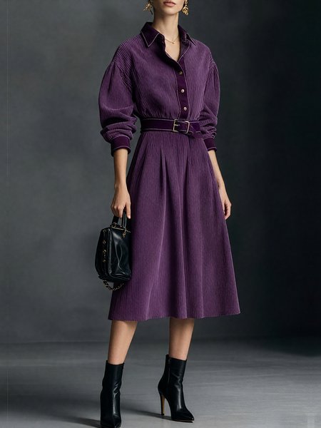 

Urban Plain Corduroy Raglan Sleeves Shirt Collar Midi Dress With Belt, Purple, Midi Dresses