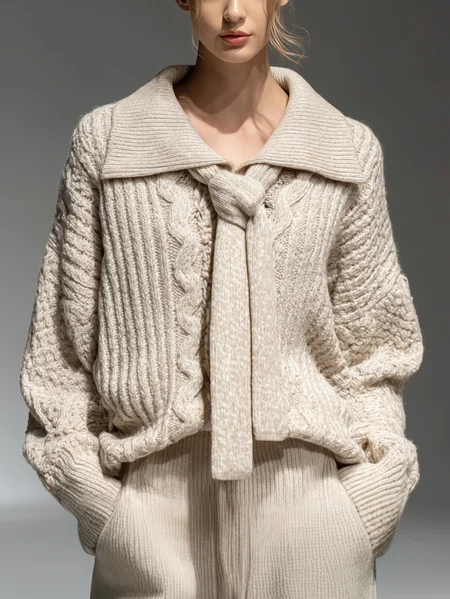 

Casual Plain Lace-up Shawl Collar Sweater With Scarf, Apricot, Pullovers
