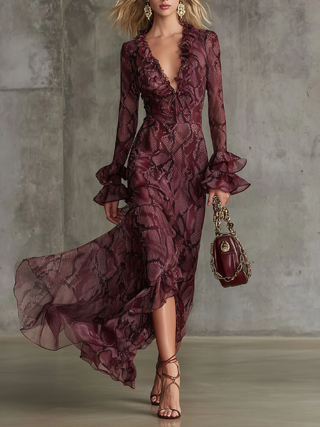 

Urban Snakeskin Printing V Neck Maxi Dress, Burgundy, Maxi Dresses