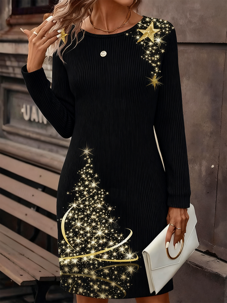 

Women Christmas Autumn Dress Crew Neck Long Sleeve H-Line Dress, Black, Dresses