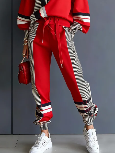 

Plus Size Casual Color Block Ankle Banded Pants, Red, Plus Pants