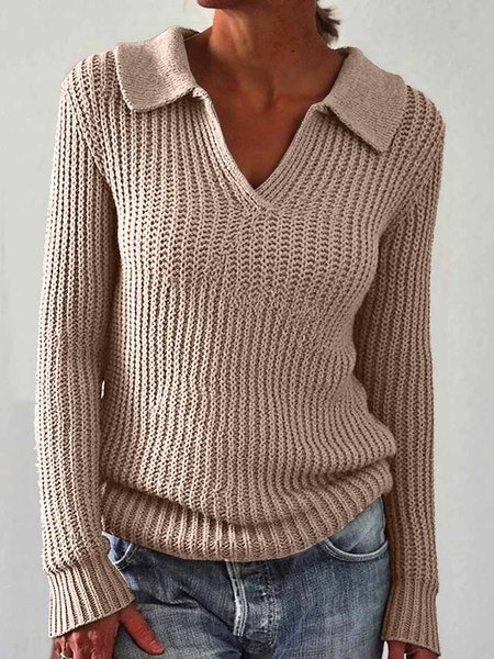 

Casual Plain Polo Collar Sweater, Khaki, Sweaters & Cardigans