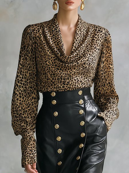 

Urban Leopard Printing Cowl Neck Blouse, Blouses and Shirts