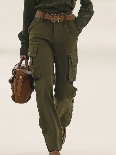 

Casual Plain Pockets Straight Pants, Green, Pants