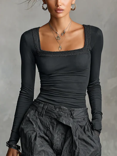 

Casual Plain Lace Square Neck T-shirt, Deep gray, Tees