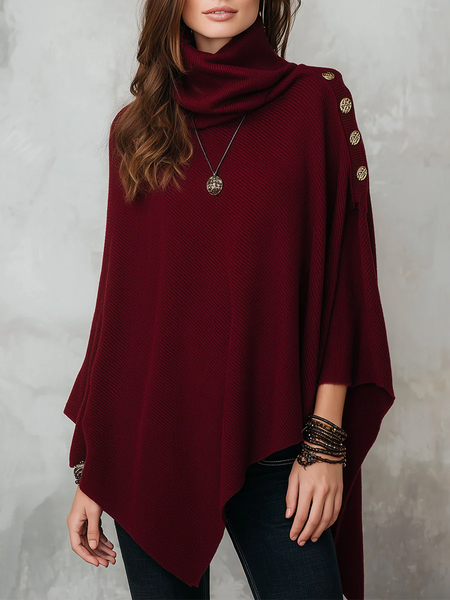 

Knitted Elegant Plain Buttoned Turtleneck Blouse, Wine red, Blouses and Shirts
