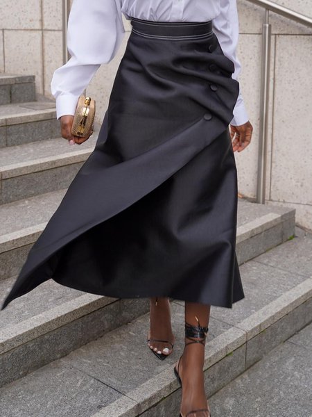 

Elegant Asymmetric Plain Midi Skirt, Black, Skirts