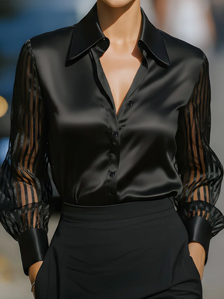 

Satin Urban Plain Shirt Collar Shirt, Black, Blouses and Shirts