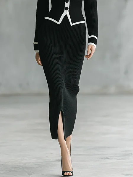 

Elegant Plain Midi Sweater Skirt, Black, Skirts