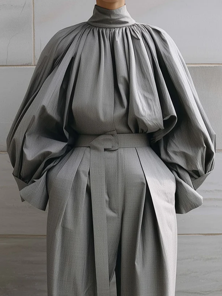 

Urban Plain Stand Collar Raglan Sleeve Blouse, Gray, Blouses and Shirts