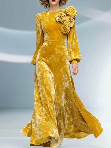 

Elegant Plain Velvet 3D Floral Crew Neck Maxi Dress, Yellow, Maxi Dresses