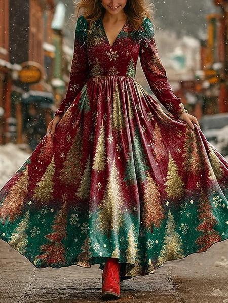 

Women Christmas Spring/Fall Dress V Neck Long Sleeve A-Line Dress, Red, Dresses