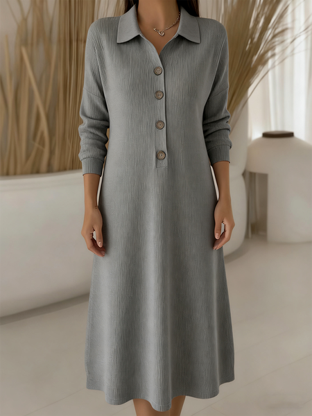 

Shawl Collar Casual Plain Loose Sweater Dress With No, Gray, Midi Dresses