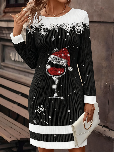 

Women Christmas Autumn Dress Crew Neck Long Sleeve H-Line Dress, Black, Dresses