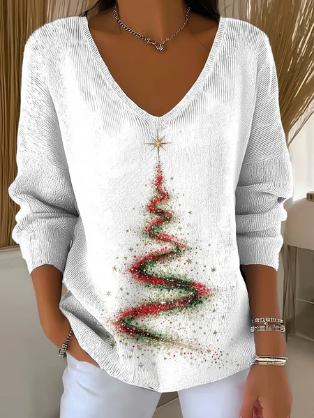 

Casual Christmas V Neck Long Sleeve T-shirt, White, Sweaters